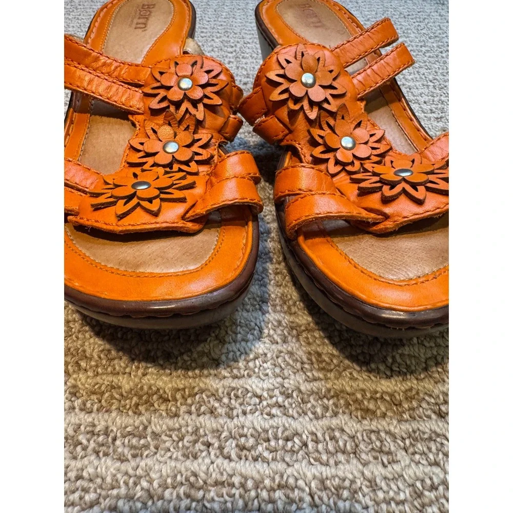 Born Orange Leather Flower‎ Wedge Sandals Women US Size 7 EU 38